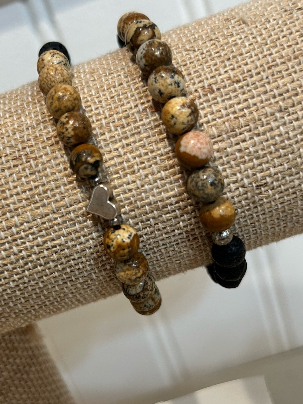 Handcrafted Beaded Stretch Bracelet-Picture Jasper and Lava Beads - set of two